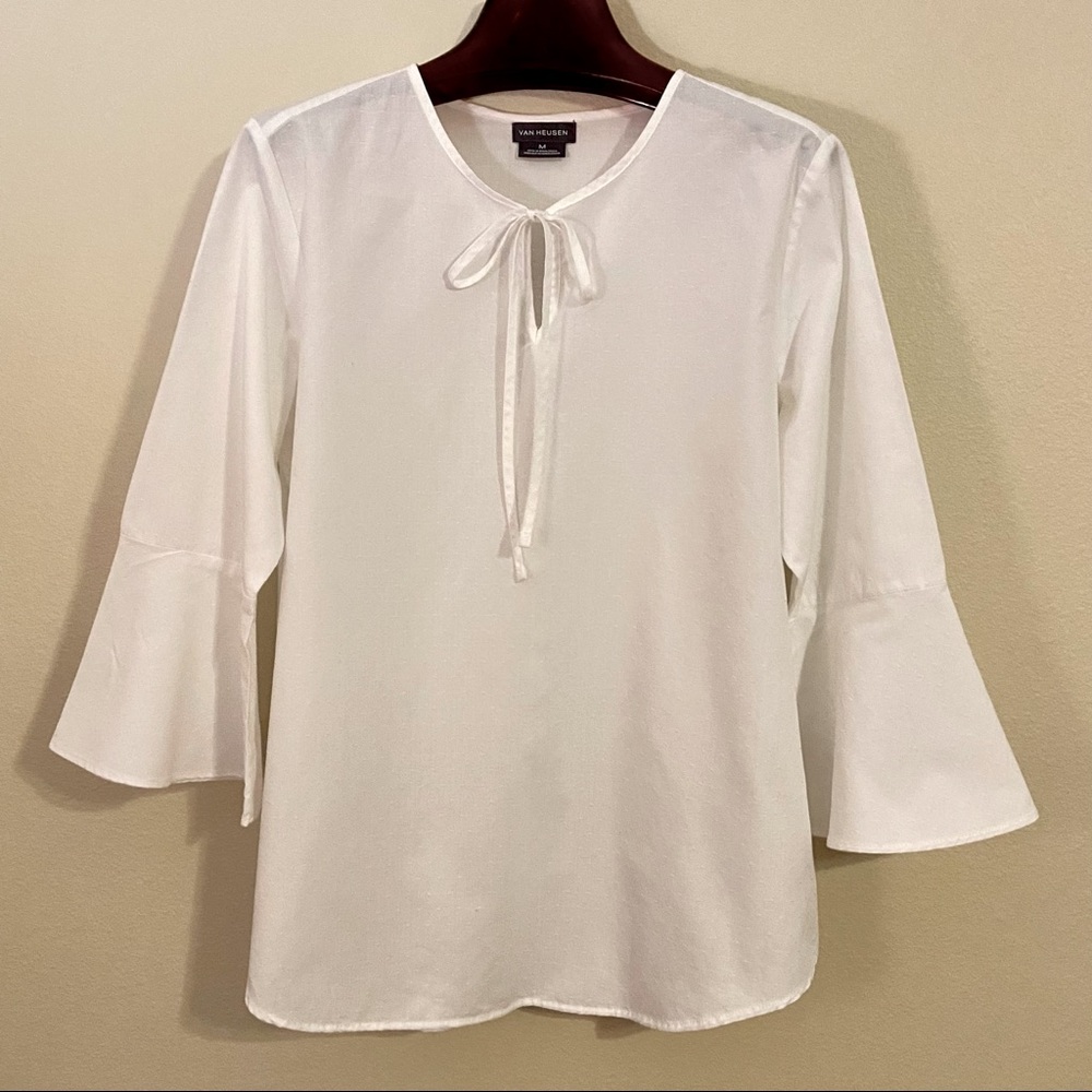 Van Heusen Bell Sleeve Top, White w/Swiss Dot Detail, Medium